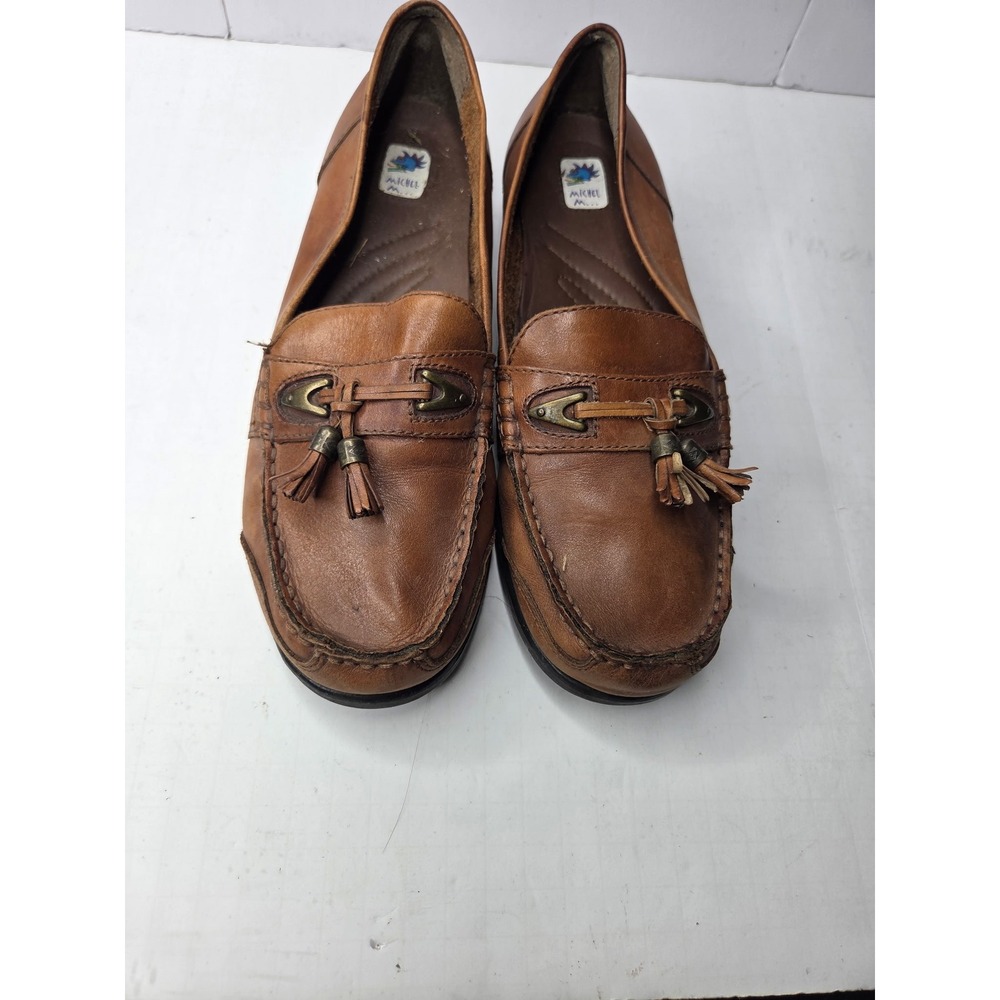 Michel Yale Brown Leather Tassel Loafers Womens 9.5 M Slip On Moc Toe Shoes